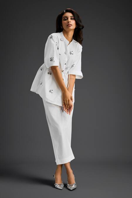 Deepika Arora_White Cotton Embroidery Collared Shirt And Pant Set _Online_at_Aza_Fashions