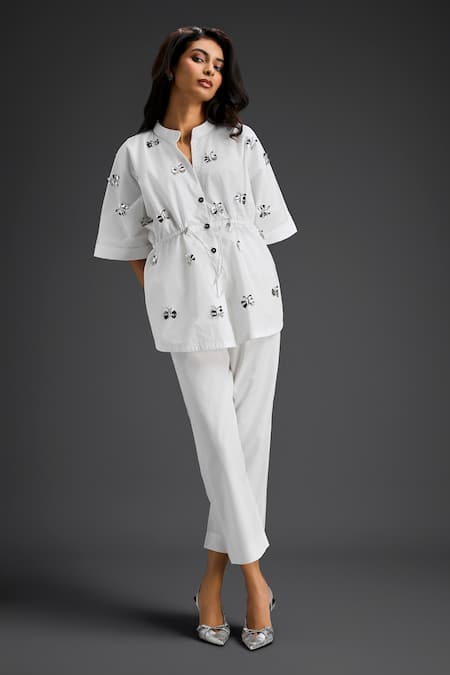 Buy_Deepika Arora_White Cotton Embroidery Collared Shirt And Pant Set _Online_at_Aza_Fashions