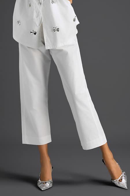 Shop_Deepika Arora_White Cotton Embroidery Collared Shirt And Pant Set _Online_at_Aza_Fashions