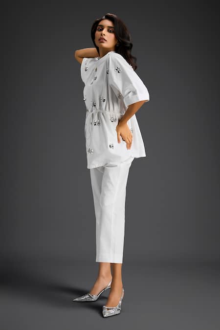 Deepika Arora_White Cotton Embroidery Collared Shirt And Pant Set _at_Aza_Fashions