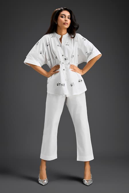 Deepika Arora White Cotton Embroidery Collared Shirt And Pant Set 