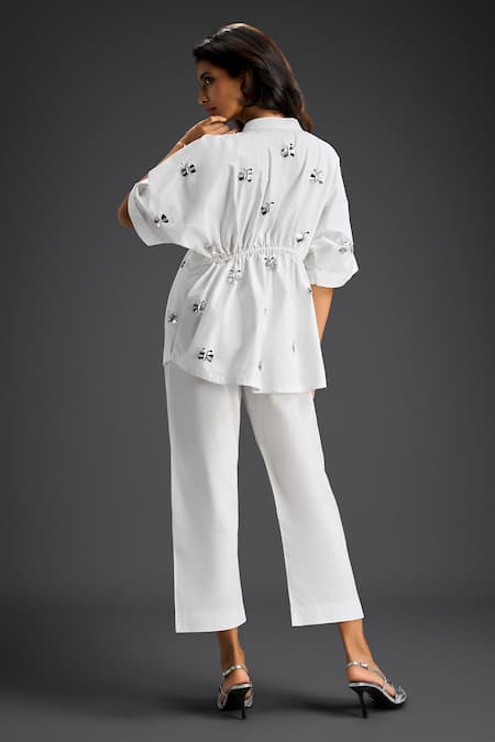 Deepika Arora Embroidered White Cotton Shirt & Pant Set 