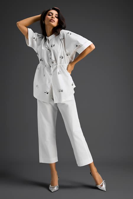 Buy_Deepika Arora_White Cotton Embroidery Collared Shirt And Pant Set 
