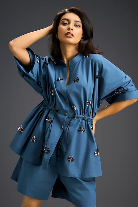 Deepika Arora_Blue Cotton Bows Mandarin Collar Designer Shirt And Shorts Set _at_Aza_Fashions