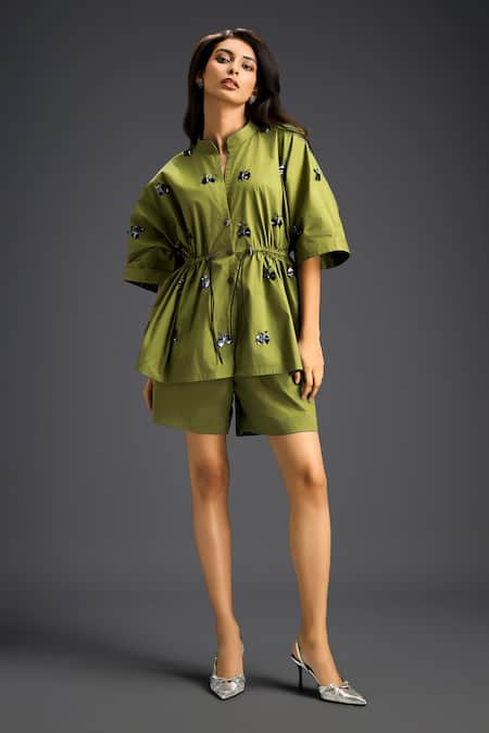 Deepika Arora Green Cotton Bows Mandarin Collar Designer Shirt And Shorts Set 