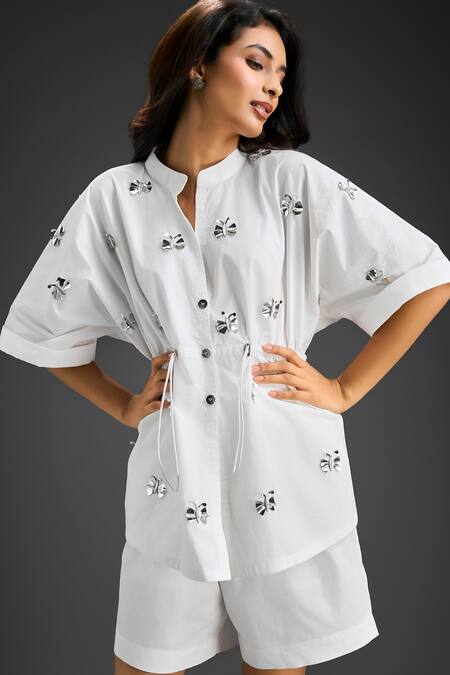 Deepika Arora_White Cotton Embroidery Mandarin Collar Designer Shirt And Shorts Set _at_Aza_Fashions