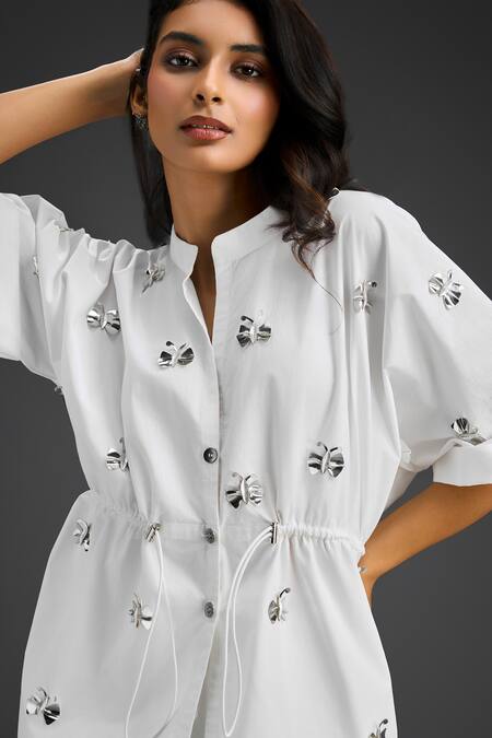 Buy_Deepika Arora_White Cotton Embroidery Mandarin Collar Designer Shirt And Shorts Set 