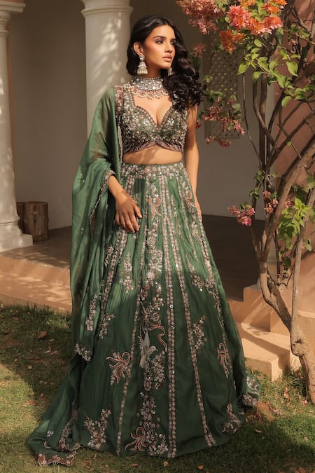 Buy_Label Astha Chhabra_Green Silk Organza Sequins, Embroidery V-neck Designer Jade Lehenga Set _Online_at_Aza_Fashions