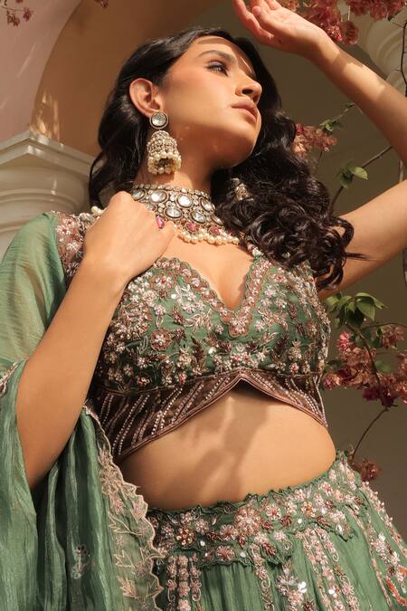 Shop_Label Astha Chhabra_Green Silk Organza Sequins, Embroidery V-neck Designer Jade Lehenga Set _Online_at_Aza_Fashions