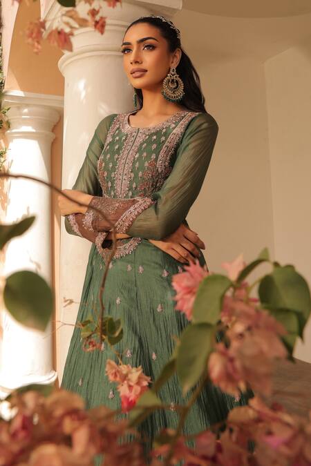Label Astha Chhabra_Green Silk Organza Embroidery Round Neck Jade Hand Anarkali Set _Online_at_Aza_Fashions