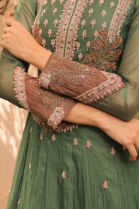 Buy_Label Astha Chhabra_Green Silk Organza Embroidery Round Neck Jade Hand Anarkali Set _Online_at_Aza_Fashions