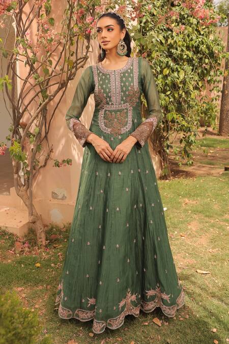 Shop_Label Astha Chhabra_Green Silk Organza Embroidery Round Neck Jade Hand Anarkali Set _Online_at_Aza_Fashions