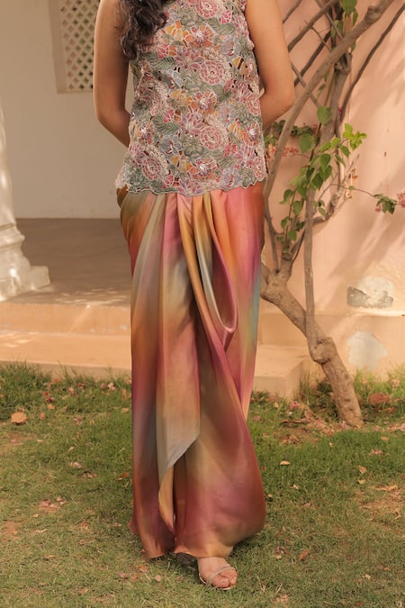 Shop_Label Astha Chhabra_Orange Organza Embroidery Round Neck Multi Color Draped Skirt And Top_Online_at_Aza_Fashions