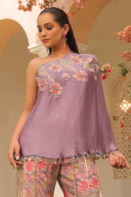 Label Astha Chhabra_Lilac Crepe, Organza Embroidery, Sequins One Shoulder Kaftan Tunic And Sharara Set _Online_at_Aza_Fashions