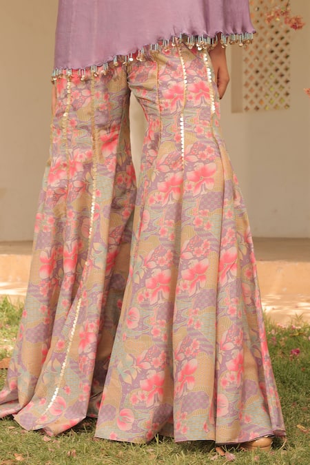 Shop_Label Astha Chhabra_Lilac Crepe, Organza Embroidery, Sequins One Shoulder Kaftan Tunic And Sharara Set _Online_at_Aza_Fashions