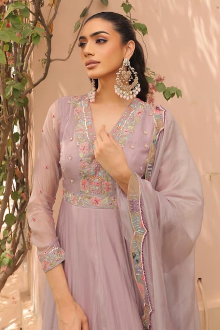 Label Astha Chhabra Lilac Silk Organza Sequins, Beads V-neck Crushed Anarkali Set Online at Aza Fashions Label Astha Chhabra_Lilac Silk Organza Sequins, Beads V-neck Crushed Anarkali Set _Online_at_Aza_Fashions