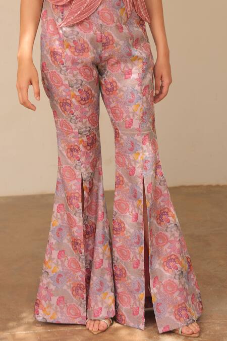 Label Astha Chhabra_Pink Organza Embroidery Sweetheart Neck Corset And Bellbottom Pant Set _Online_at_Aza_Fashions
