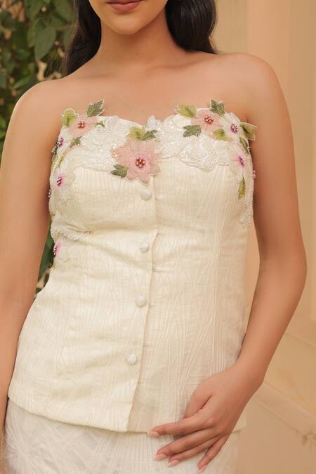 Buy_Label Astha Chhabra_Off White Organza Embroidery Square Neck Corset And Skirt Set _Online_at_Aza_Fashions