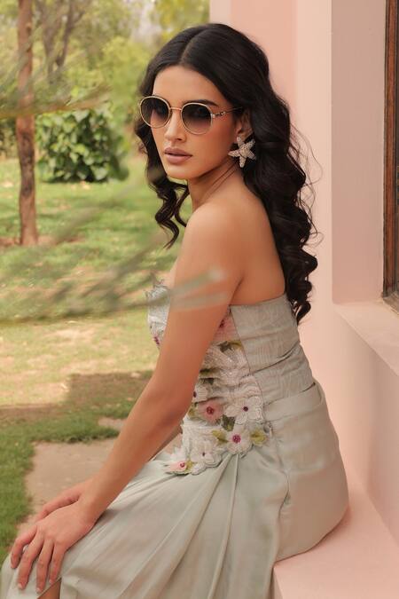 Shop_Label Astha Chhabra_Green Satin, Organza Embroidery Sage Corset And Skirt Set _Online_at_Aza_Fashions