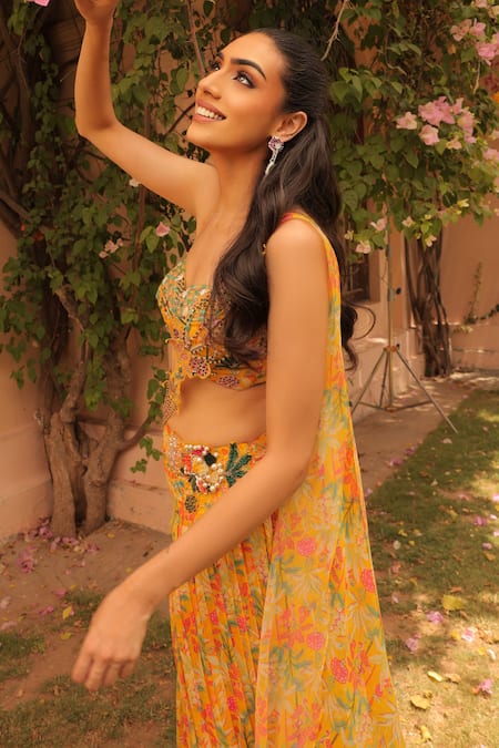 Label Astha Chhabra_Yellow Chiffon, Georgette Sequins, Beads Designer Pre-draped Saree And Blouse _Online_at_Aza_Fashions