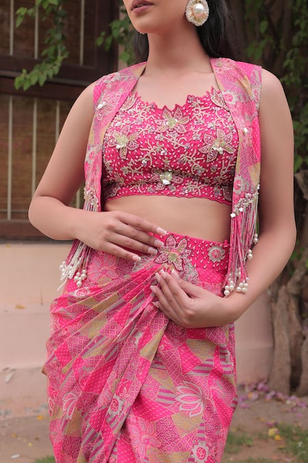 Shop_Label Astha Chhabra_Pink Crepe, Organza Embroidery Round Neck, Hot Designer Jacket And Skirt Set _Online_at_Aza_Fashions