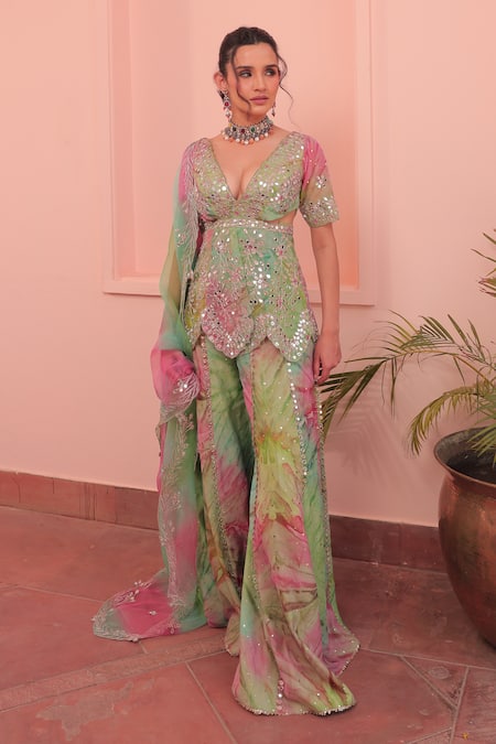 Label Astha Chhabra Green Organza Sequins, Embroidery V-neck Pink Tie Dye Designer Set 