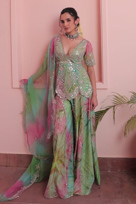 Label Astha Chhabra_Green Organza Sequins, Embroidery V-neck Pink Tie Dye Designer Set _Online_at_Aza_Fashions