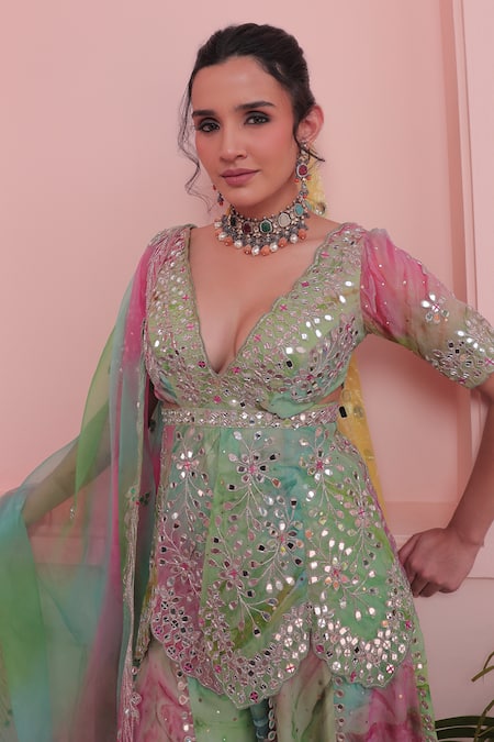 Buy_Label Astha Chhabra_Green Organza Sequins, Embroidery V-neck Pink Tie Dye Designer Set _Online_at_Aza_Fashions
