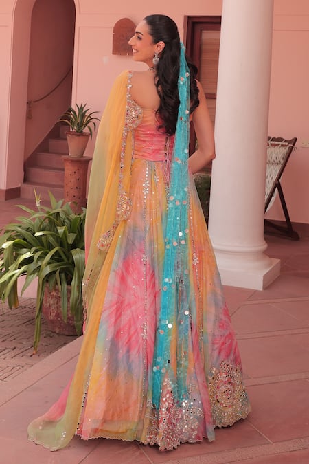 Label Astha Chhabra Designer Green Pink Tie Dye Lehenga Set 