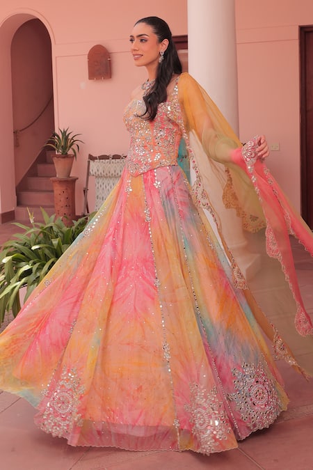 Label Astha Chhabra_Green Organza Sequins, Embroidery, Beads Designer Pink Tie Dye Lehenga Set _Online_at_Aza_Fashions