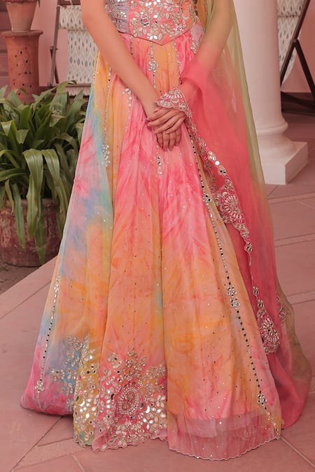 Shop_Label Astha Chhabra_Green Organza Sequins, Embroidery, Beads Designer Pink Tie Dye Lehenga Set _Online_at_Aza_Fashions