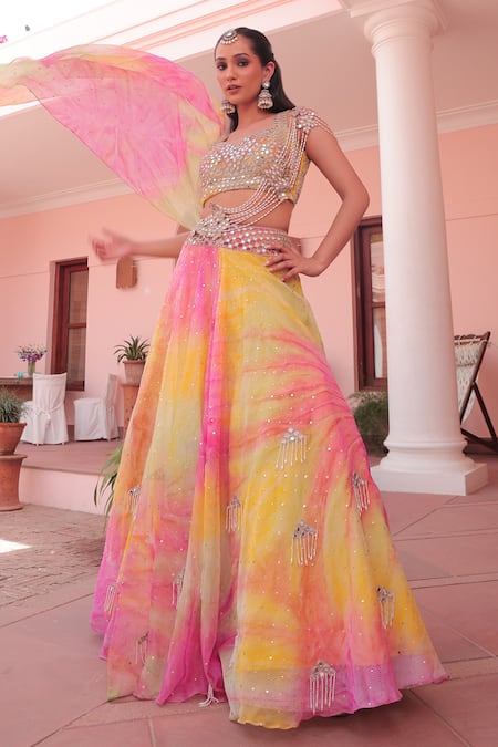 Buy_Label Astha Chhabra_Yellow Organza Sequins, Beads Sweetheart Designer Mixed Embroidered Lehenga Set _Online_at_Aza_Fashions