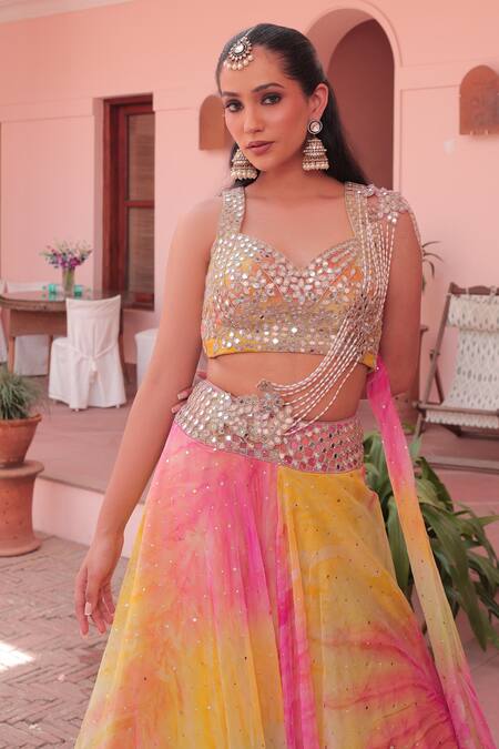 Shop_Label Astha Chhabra_Yellow Organza Sequins, Beads Sweetheart Designer Mixed Embroidered Lehenga Set _Online_at_Aza_Fashions