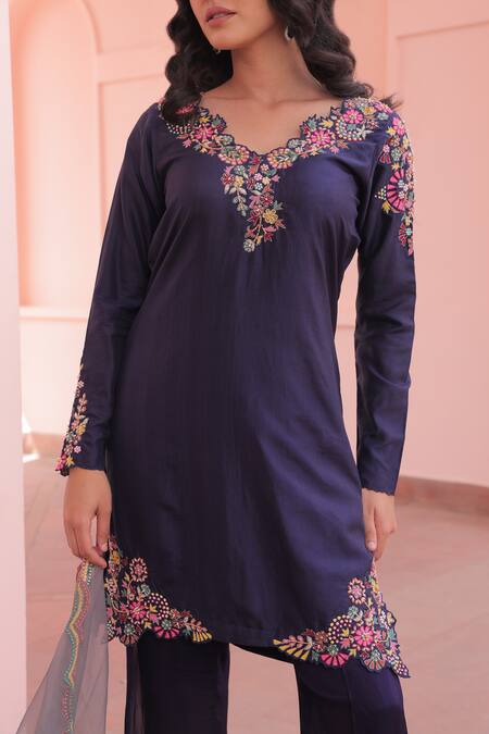 Buy_Label Astha Chhabra_Purple Silk, Satin, Georgette, Organza Embroidery Round Designer Deep Kurta Set _Online_at_Aza_Fashions