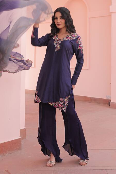 Shop_Label Astha Chhabra_Purple Silk, Satin, Georgette, Organza Embroidery Round Designer Deep Kurta Set _Online_at_Aza_Fashions