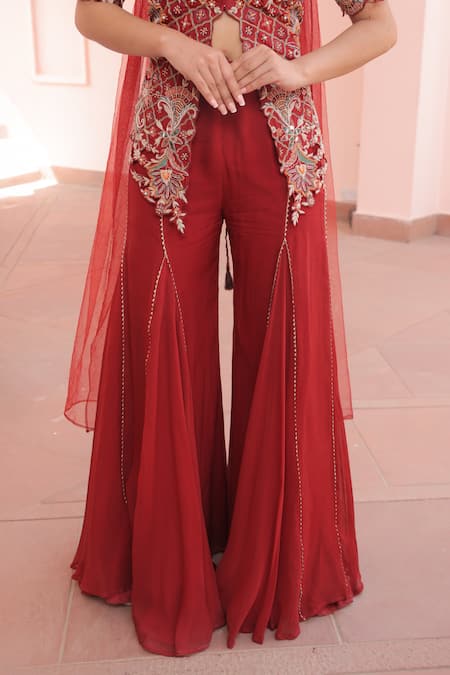 Label Astha Chhabra_Maroon Silk, Organza Beads, Sequins, Embroidery Round Neck Jacket Kurta Set _Online_at_Aza_Fashions