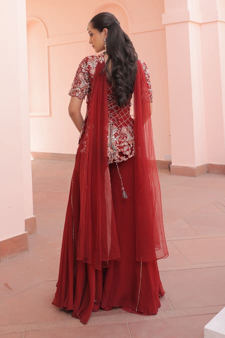 Label Astha Chhabra Maroon Embroidered Jacket Kurta Set 