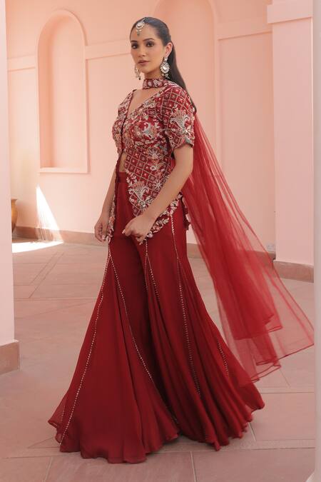 Shop_Label Astha Chhabra_Maroon Silk, Organza Beads, Sequins, Embroidery Round Neck Jacket Kurta Set _Online_at_Aza_Fashions