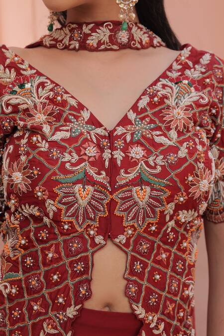 Label Astha Chhabra_Maroon Silk, Organza Beads, Sequins, Embroidery Round Neck Jacket Kurta Set _at_Aza_Fashions