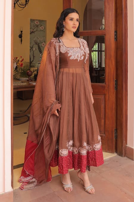 Label Astha Chhabra Brown Silk Organza Embroidery Square Neck Copper Crushed Anarkali Set 