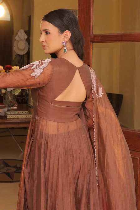 Label Astha Chhabra Copper Crushed Silk Organza Anarkali Set 