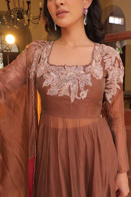 Label Astha Chhabra_Brown Silk Organza Embroidery Square Neck Copper Crushed Anarkali Set _Online_at_Aza_Fashions