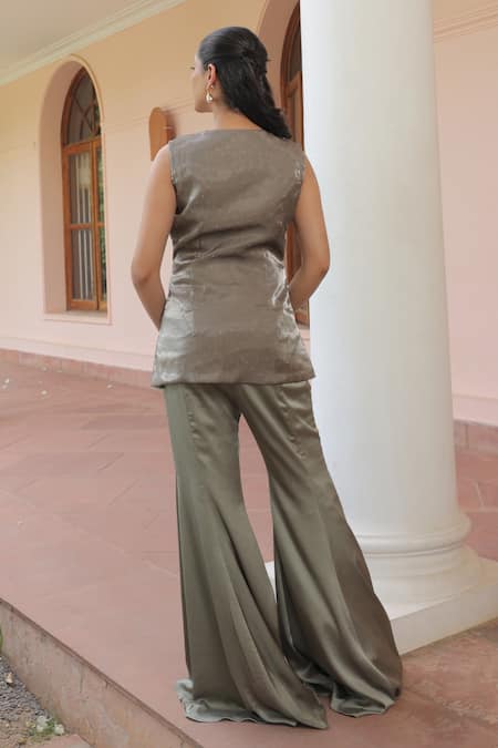 Label Astha Chhabra Olive Green Embroidered Tunic & Bellbottom Pant 