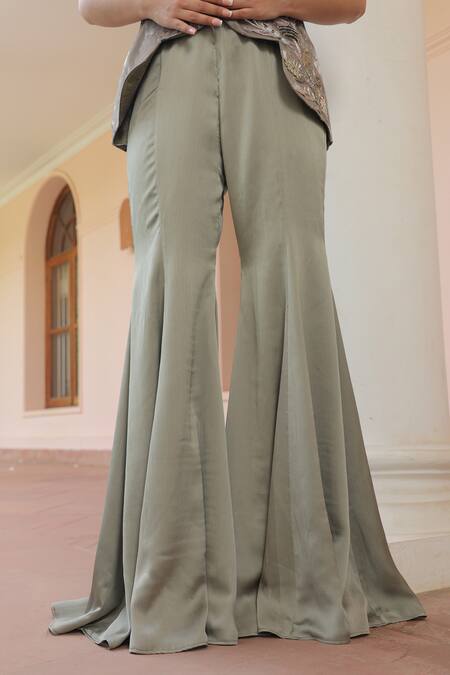 Label Astha Chhabra_Olive Green Satin Embroidery V-neck Tunic And Bellbottom Pant _Online_at_Aza_Fashions
