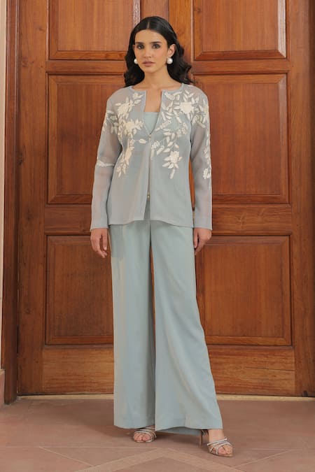 Label Astha Chhabra Aqua Mesh, Crepe Embroidery V-neck Blue Jacket And Pant Set 