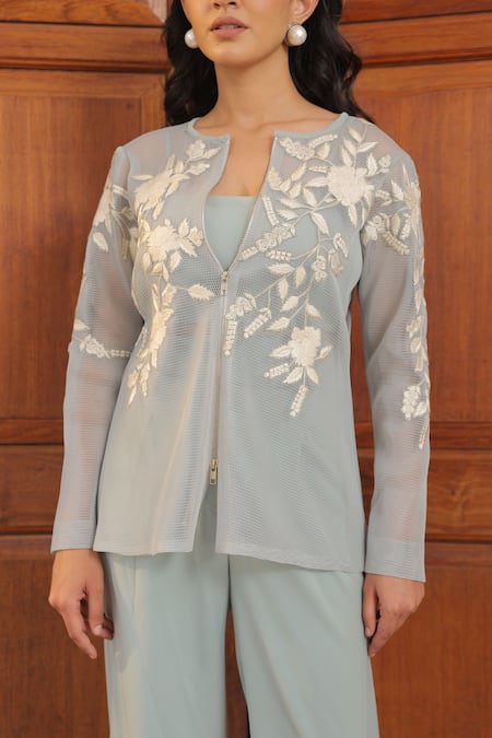 Label Astha Chhabra_Aqua Mesh, Crepe Embroidery V-neck Blue Jacket And Pant Set _Online_at_Aza_Fashions