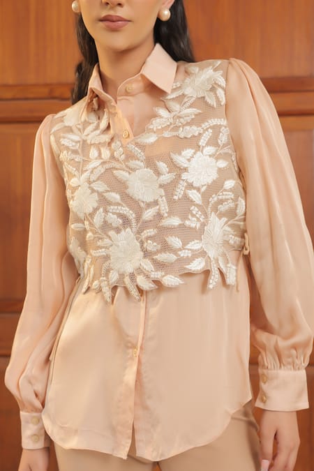 Shop_Label Astha Chhabra_Beige Mesh, Crepe Embroidery Collared Taupe Mixed Shirt And Pant Set _Online_at_Aza_Fashions
