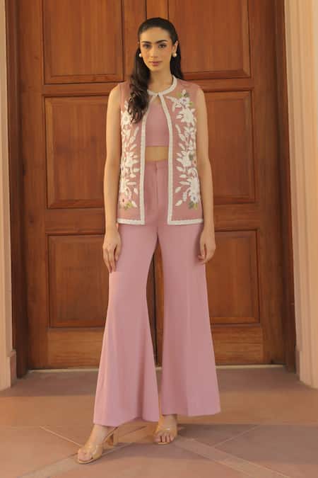 Label Astha Chhabra Pink Mesh, Crepe Embroidery Round Neck Jacket And Wide Leg Pant Set 