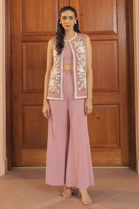 Shop_Label Astha Chhabra_Pink Mesh, Crepe Embroidery Round Neck Jacket And Wide Leg Pant Set _Online_at_Aza_Fashions