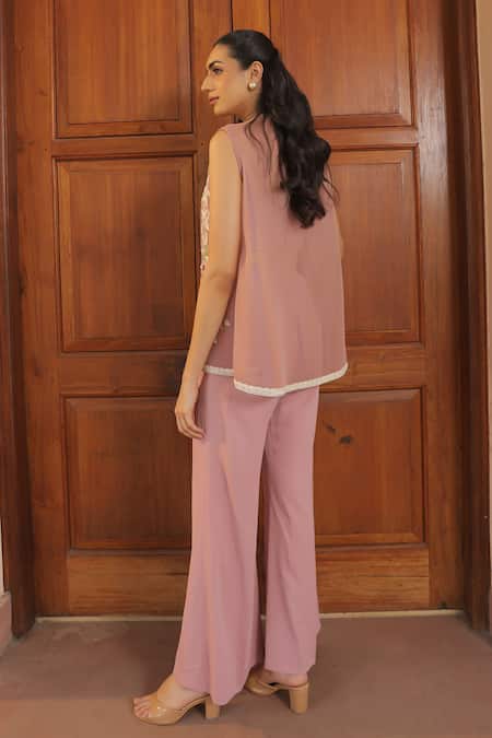 Label Astha Chhabra Pink Embroidered Jacket & Wide Leg Pant Set 